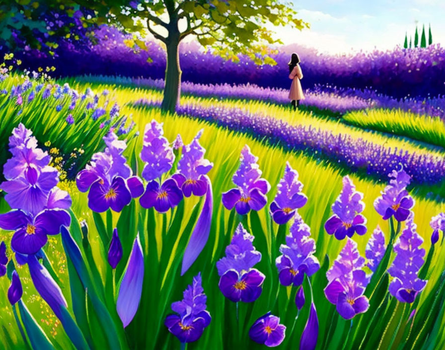 Lush garden with purple irises, lavender rows, and a person strolling under a bright sky