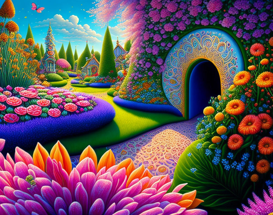 Colorful Fantasy Landscape with Floral Arch, River, and Whimsical Trees