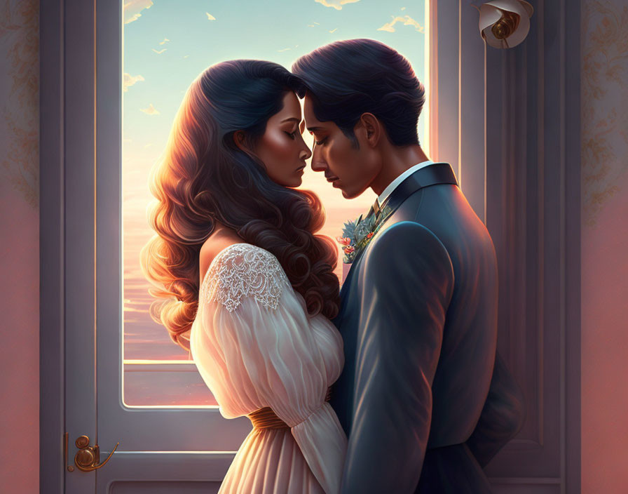 Couple Embracing by Door at Sunset with Warm Glow