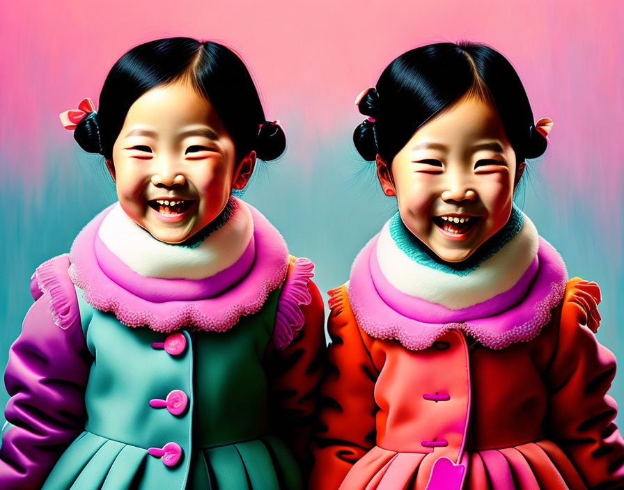 Exaggerated smile animated girls in colorful coats on gradient background