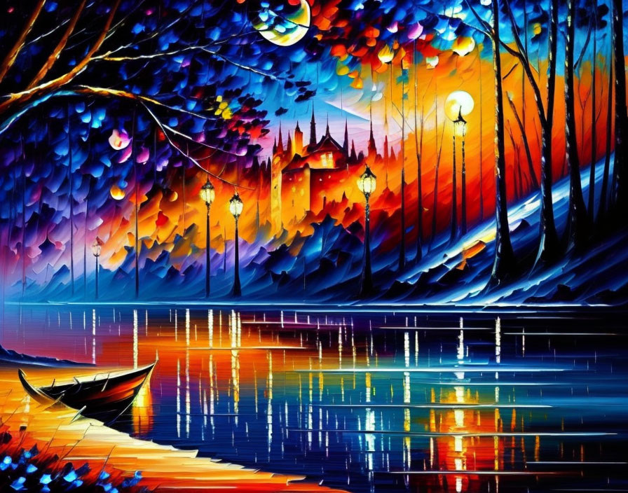 Colorful painting of surreal lakeside scene at dusk with boat, lampposts, castle,