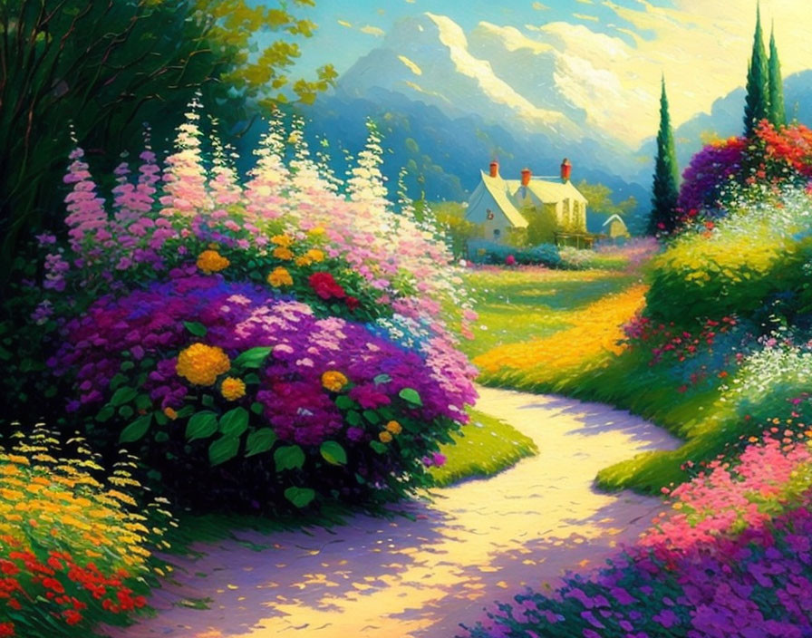 Colorful garden path painting with flowers, house, and mountains