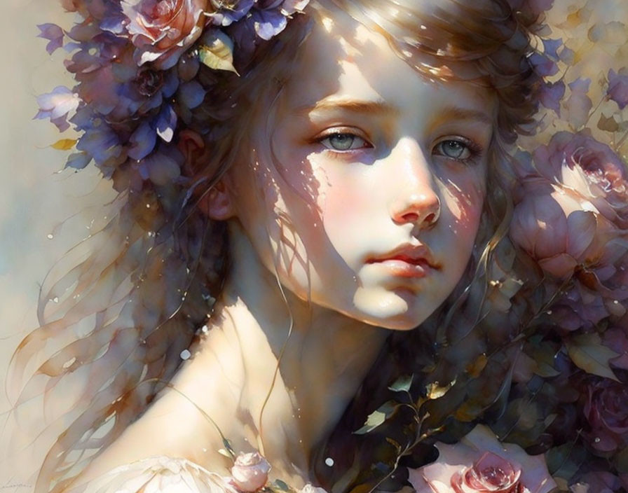 Young girl with floral crown in dreamy setting surrounded by pastel flowers