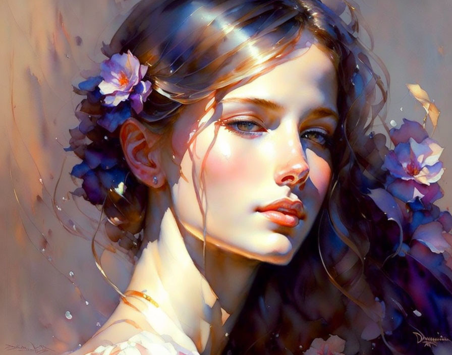 Serene woman portrait with purple flowers in hair under warm lighting