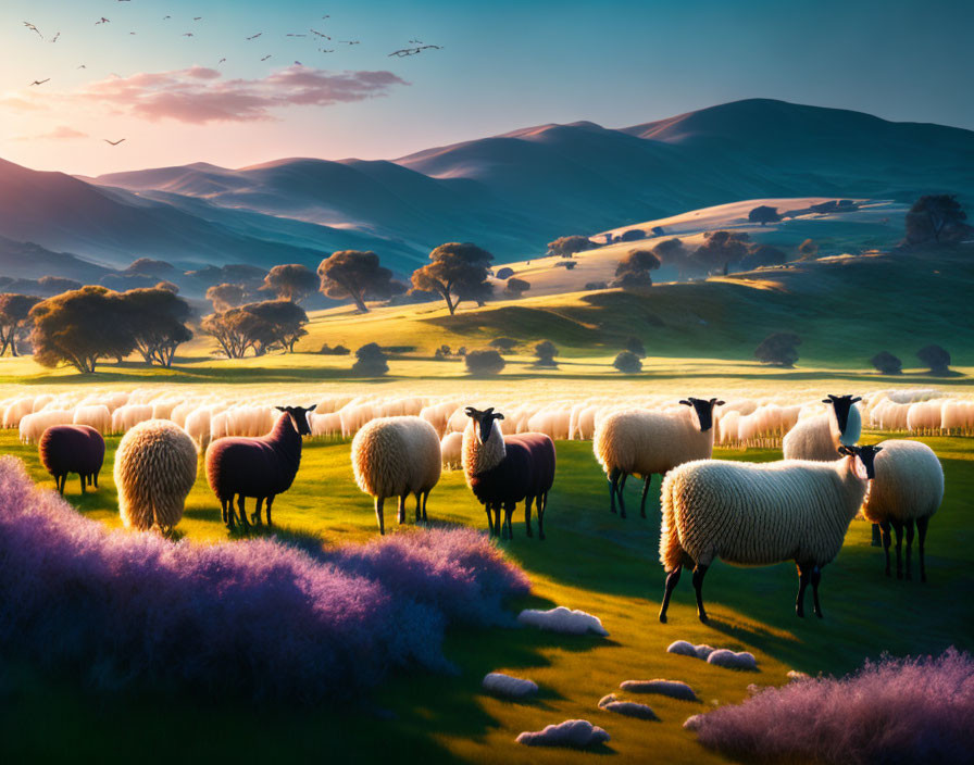 Sheep grazing in vibrant green hills at sunrise