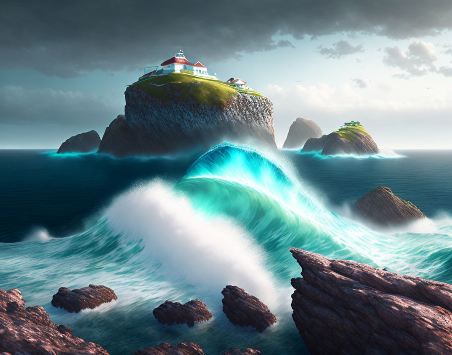 Scenic lighthouse on cliff with crashing waves and cloudy sky