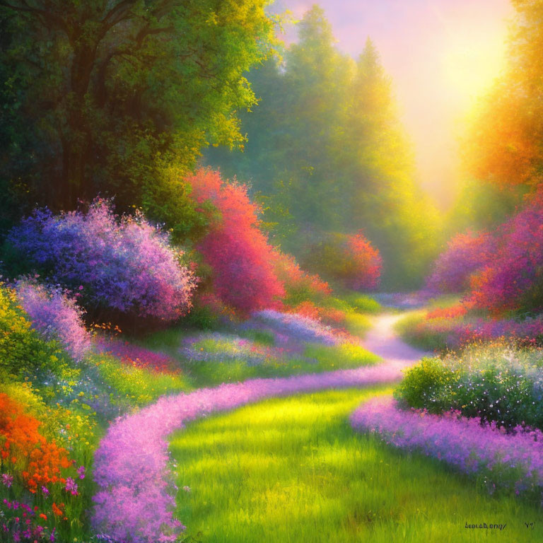 Lush Garden Path with Colorful Blooms in Purple, Pink, and Red