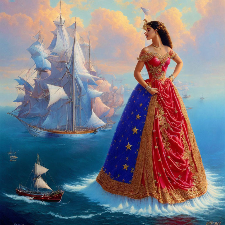 Woman in red and blue gown with sailing ships backdrop on serene sea