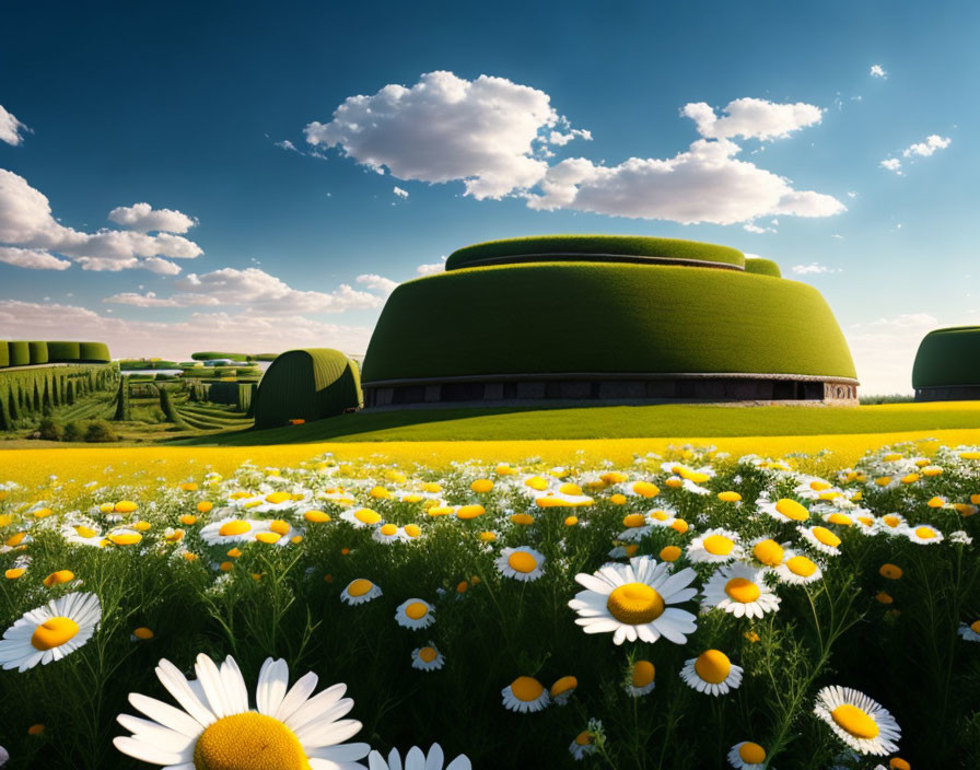 Dome-shaped green buildings in lush garden setting under blue sky