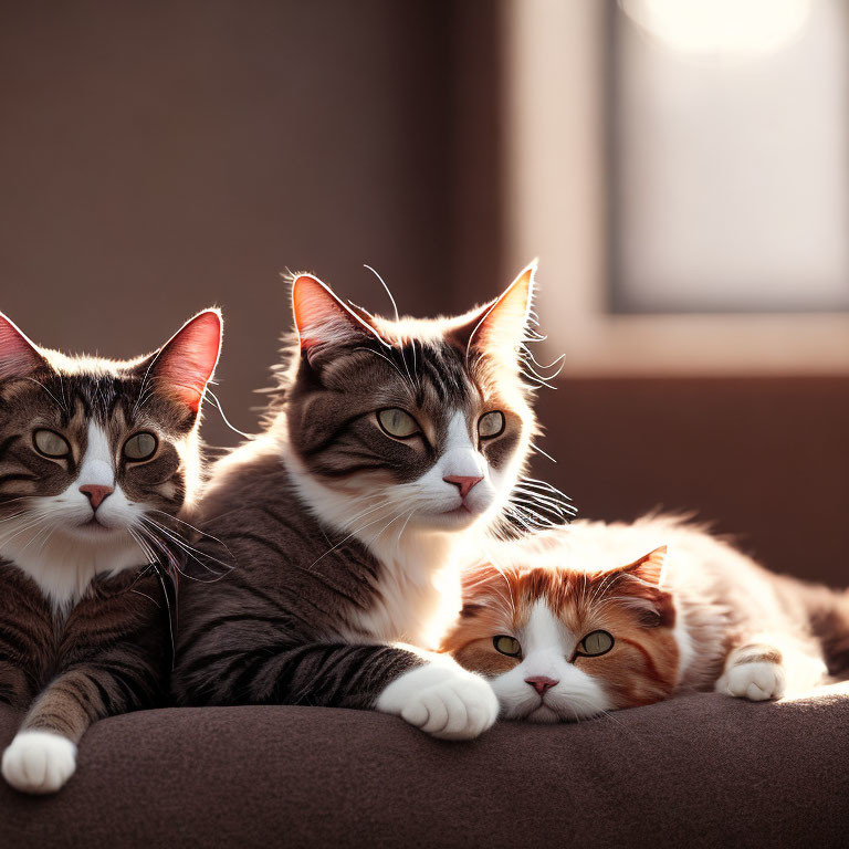 Three Striped Domestic Cats Sunbathing on Couch