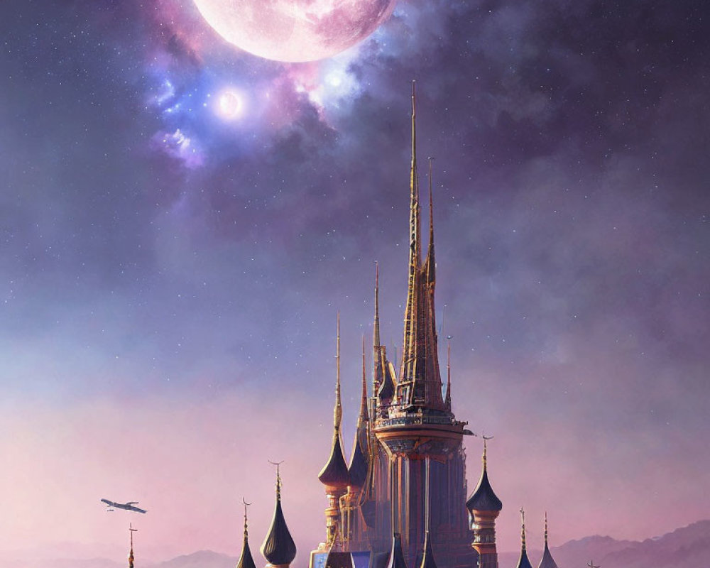 Fairytale castle under pink moon with starry sky & flying bird