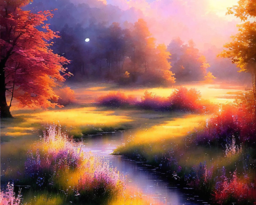 Colorful Dusk Landscape with Stream and Moon