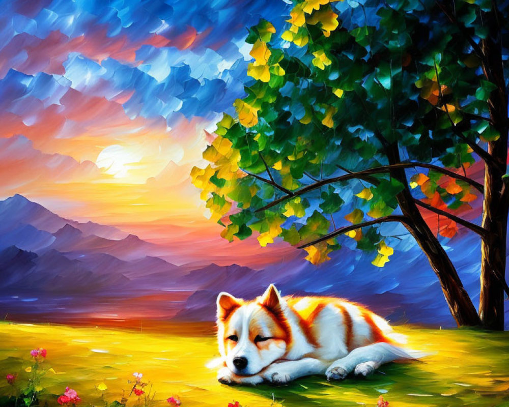 Colorful sunset painting: sleeping dog under tree