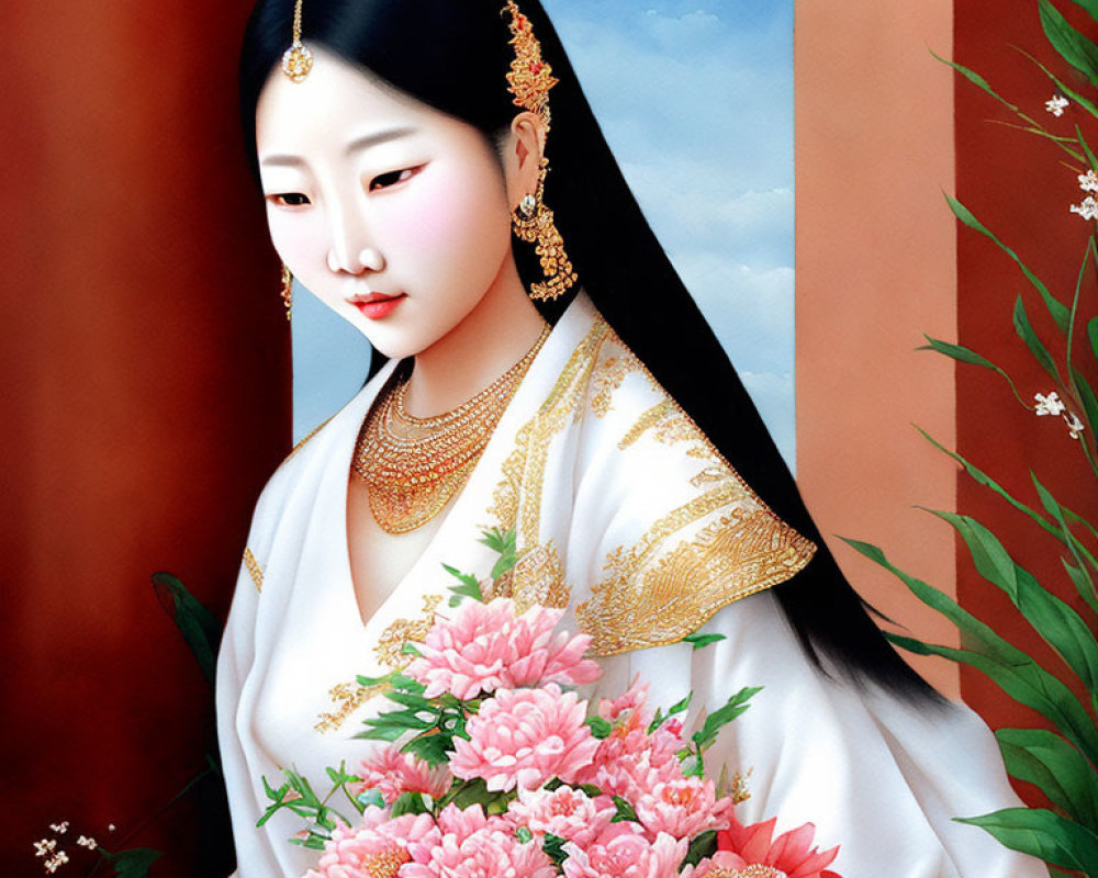 Illustrated Woman in Traditional Attire with Gold Jewelry and Pink Flowers on Red and Blue Background