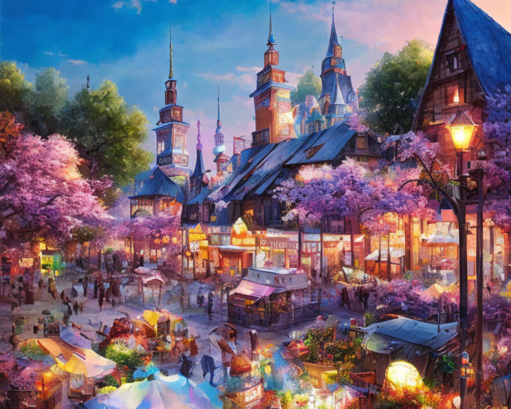 Busy Dusk Marketplace with Pink Trees and Old-style Buildings