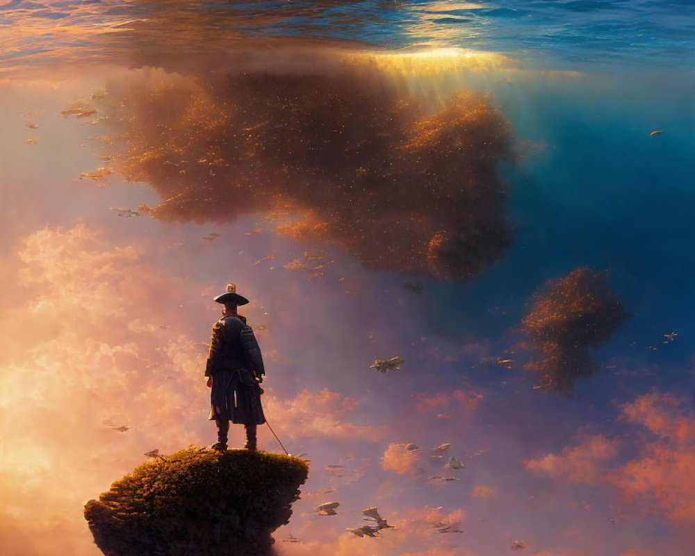 Figure in hat and coat on floating rock in cloudy sky with swimming fish