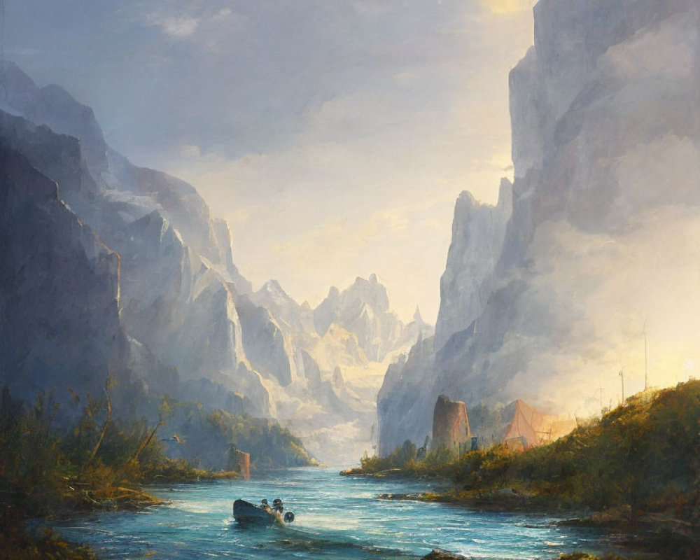 Mountainous landscape with river, boat, cliffs, and village scene.