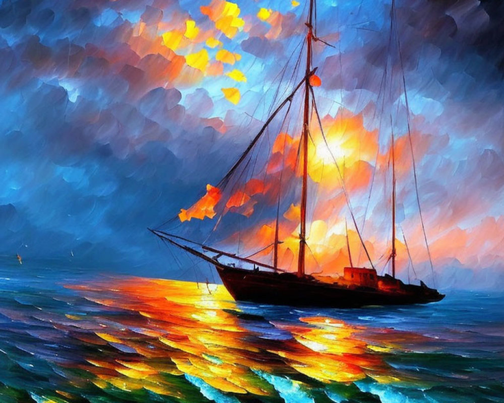 Sailboat painting: vivid sunset scene with fiery clouds reflected on shimmering sea