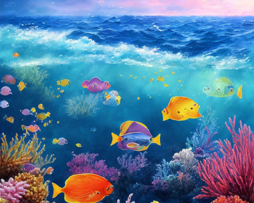 Colorful Fish Swimming in Vibrant Underwater Coral Reef Scene