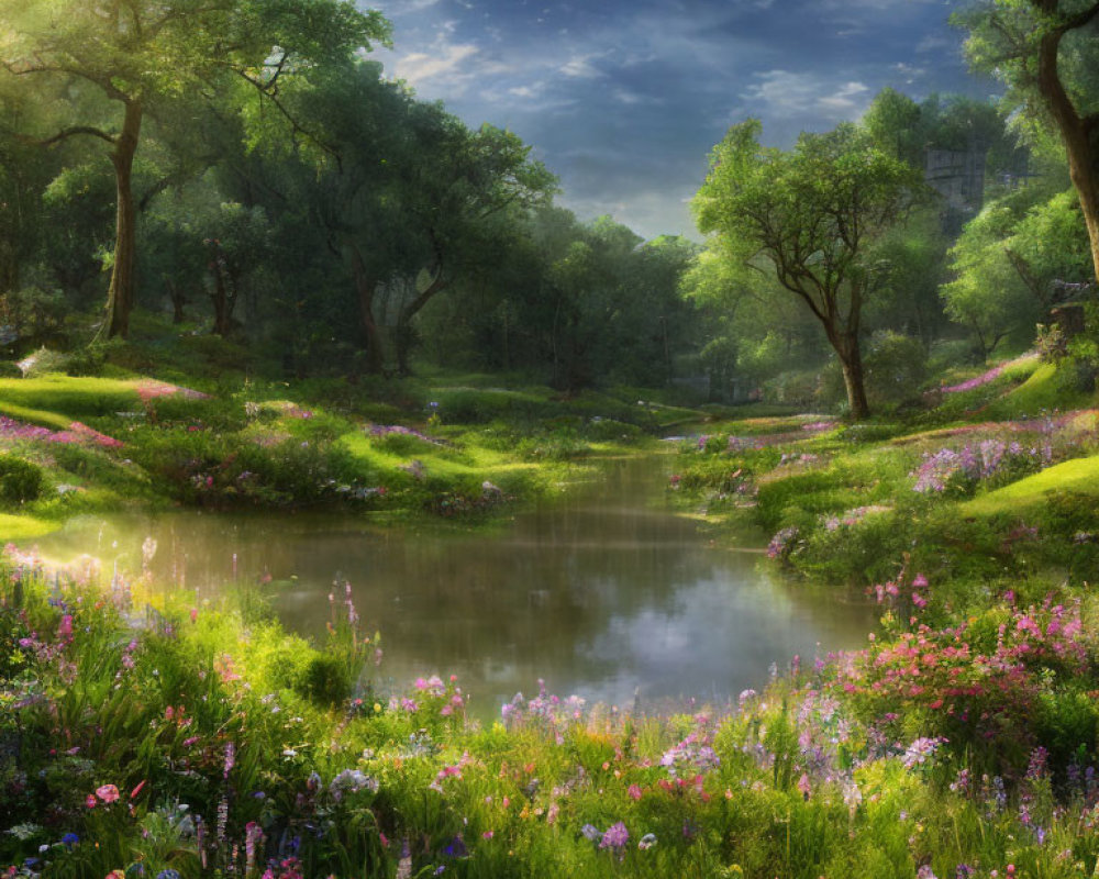 Tranquil Landscape with Stream, Trees, and Wildflowers