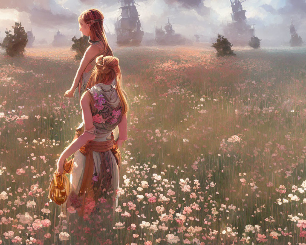 Two Women in Blooming Field with Floating Ships in Misty Background