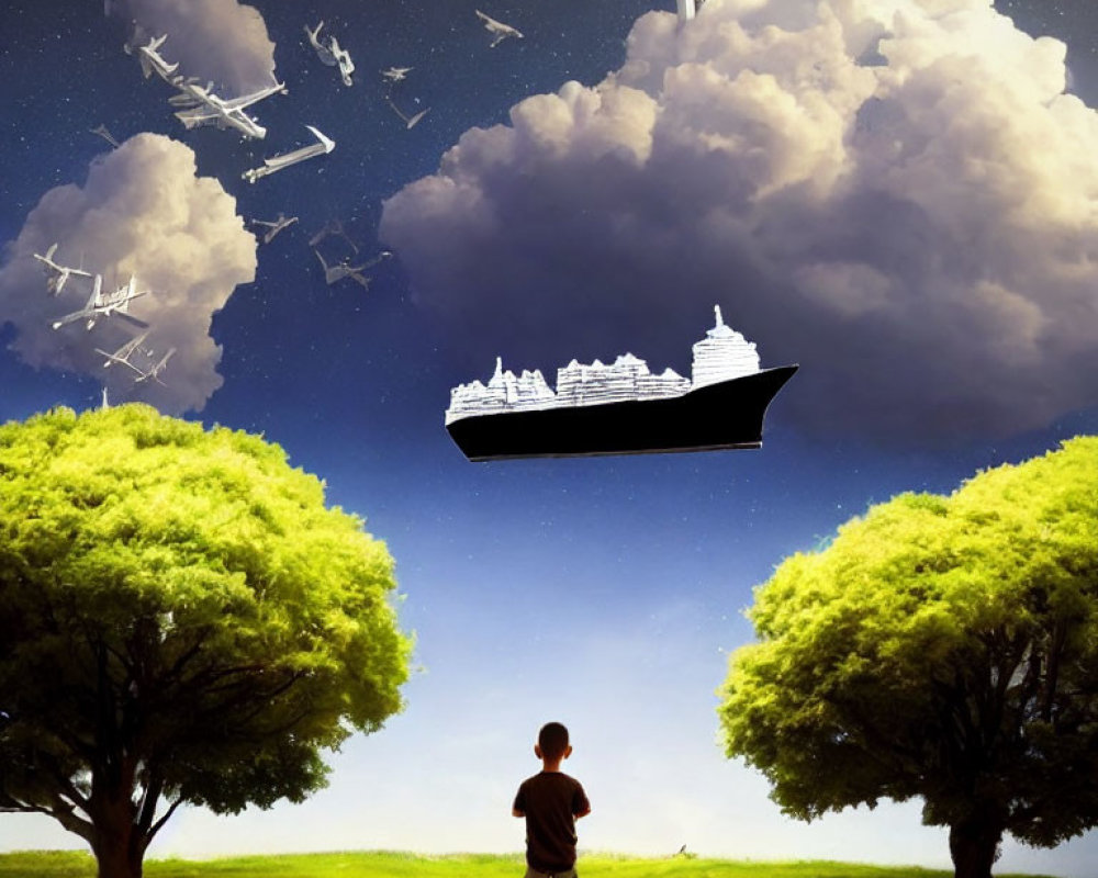 Child between large trees gazes at surreal sky with floating ships and planes
