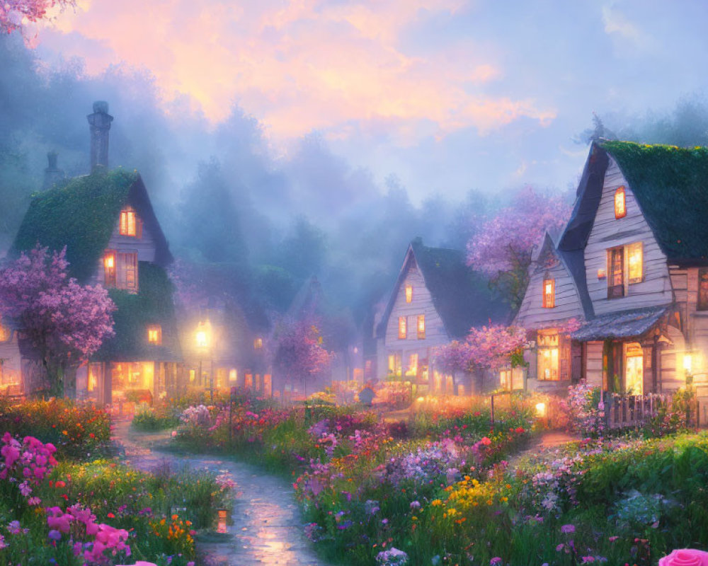 Charming village scene at twilight with cozy cottages and blooming flowers