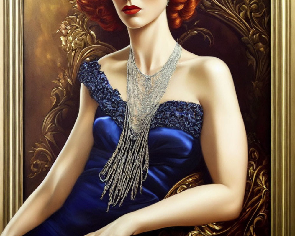 Fiery red-haired woman in blue dress with silver necklace on gilded frame