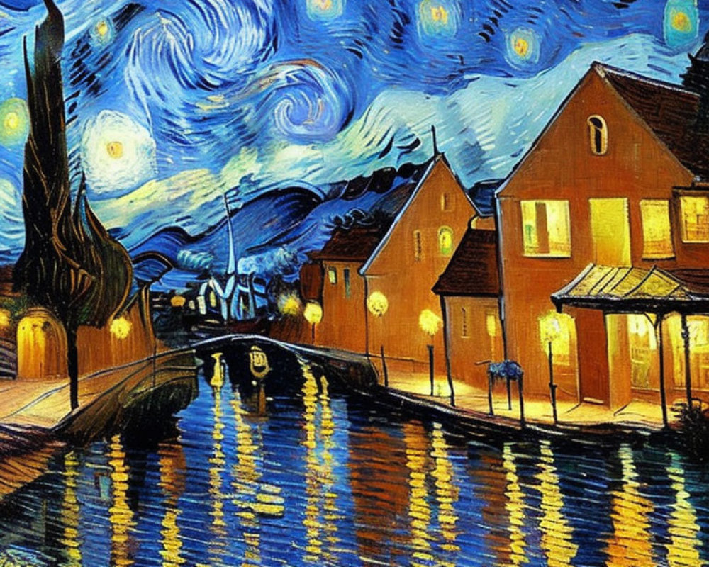 Vibrant painting of starry night over small town with swirling blue sky