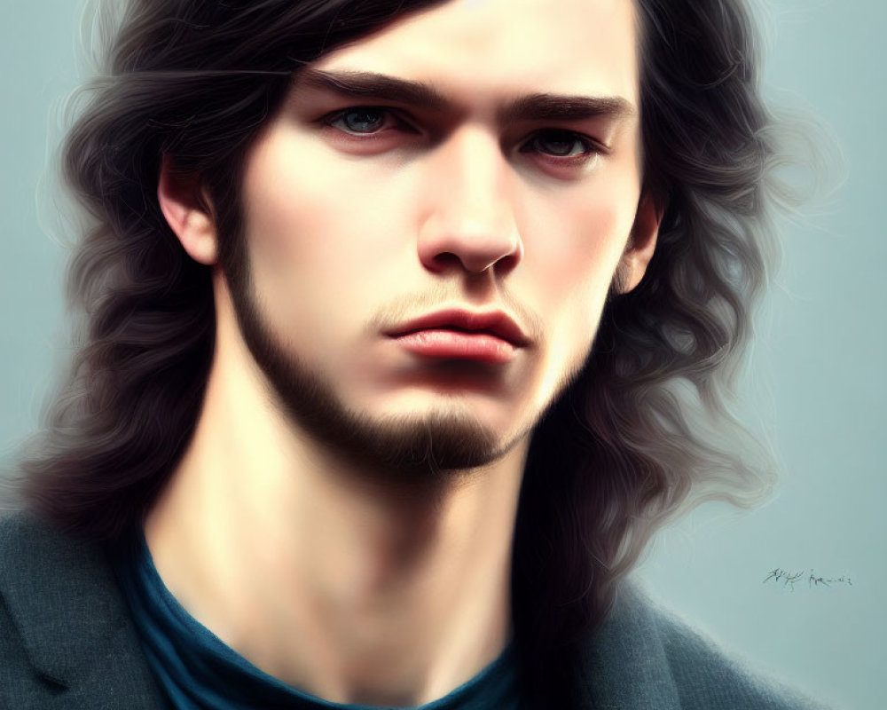 Young man with long wavy hair and intense eyes in blue shirt and grey jacket