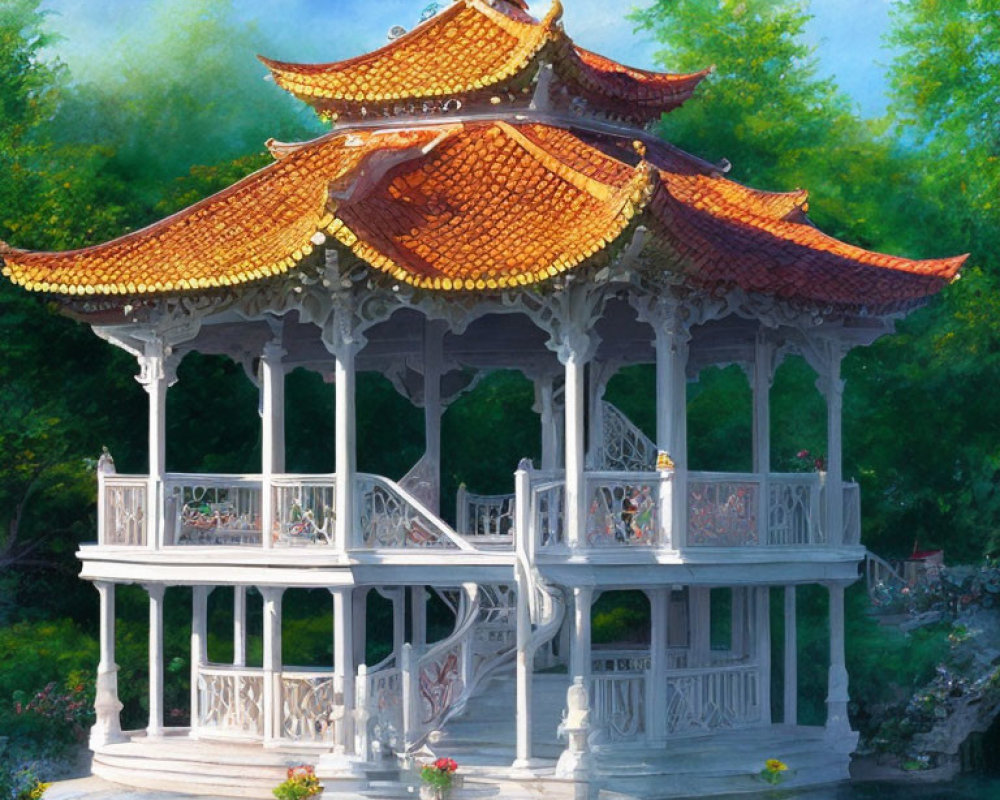 Traditional Asian-style pavilion with tiered tiled roofs and white railings, nestled in lush greenery