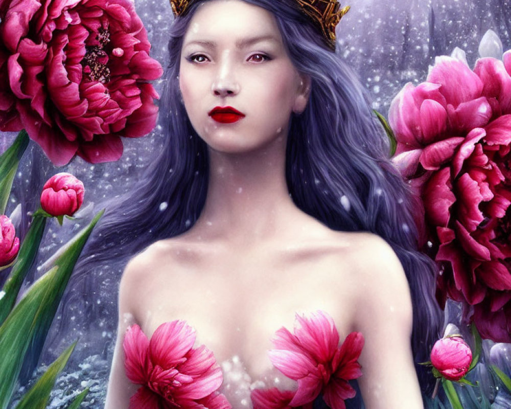 Woman with Crown and Blue Hair Surrounded by Red Flowers in Snowy Scene