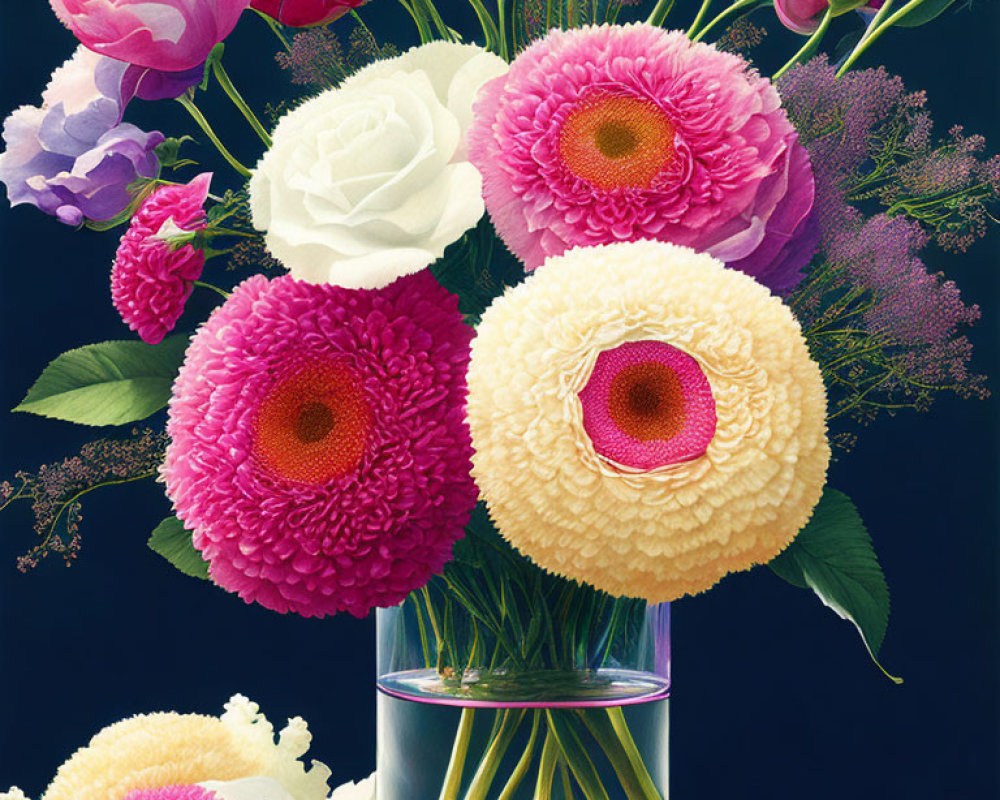 Colorful Flower Bouquet with Pink and White Blooms in Glass Vase