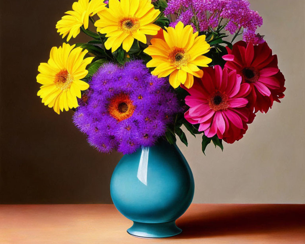 Colorful Flower Bouquet in Teal Vase on Neutral Background