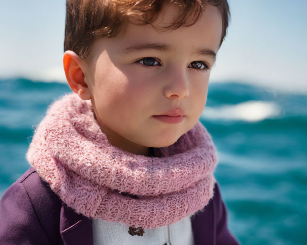 Child in purple jacket and pink scarf by ocean