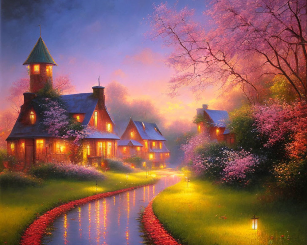 Picturesque village with illuminated cottages, winding river, blossoming trees, and lantern-lit paths