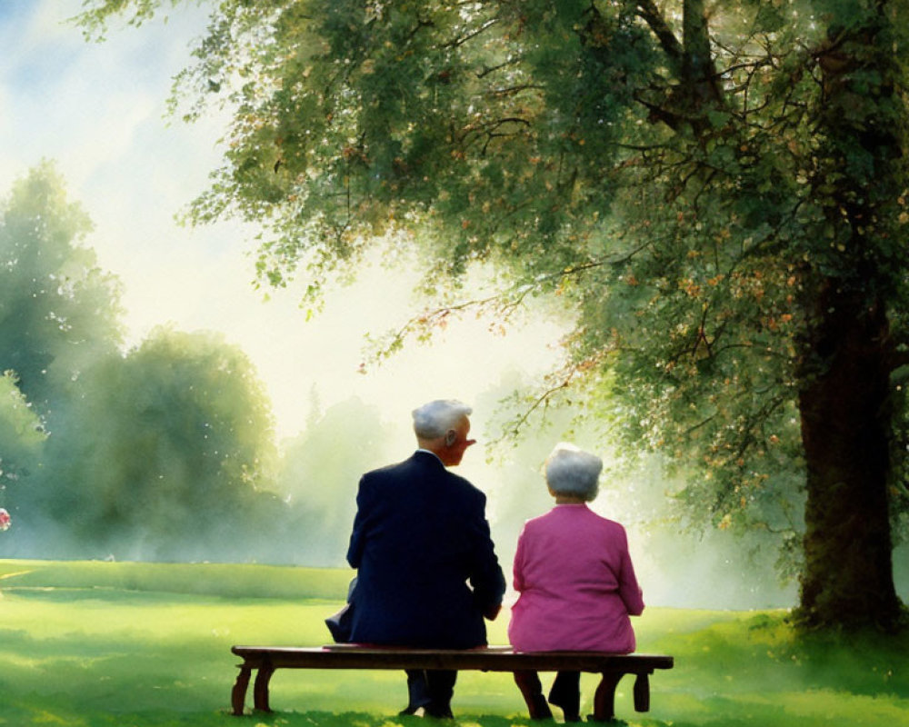 Elderly individuals sitting on park bench on sunny day