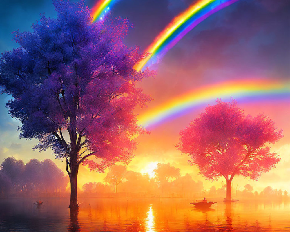 Colorful Double Rainbow Over Sunset-Reflecting Flooded Landscape