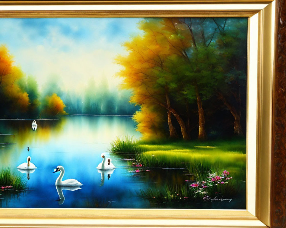 Framed autumn landscape painting with swans on tranquil lake