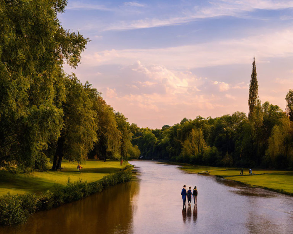 Three People Walking Along Serene River at Sunset