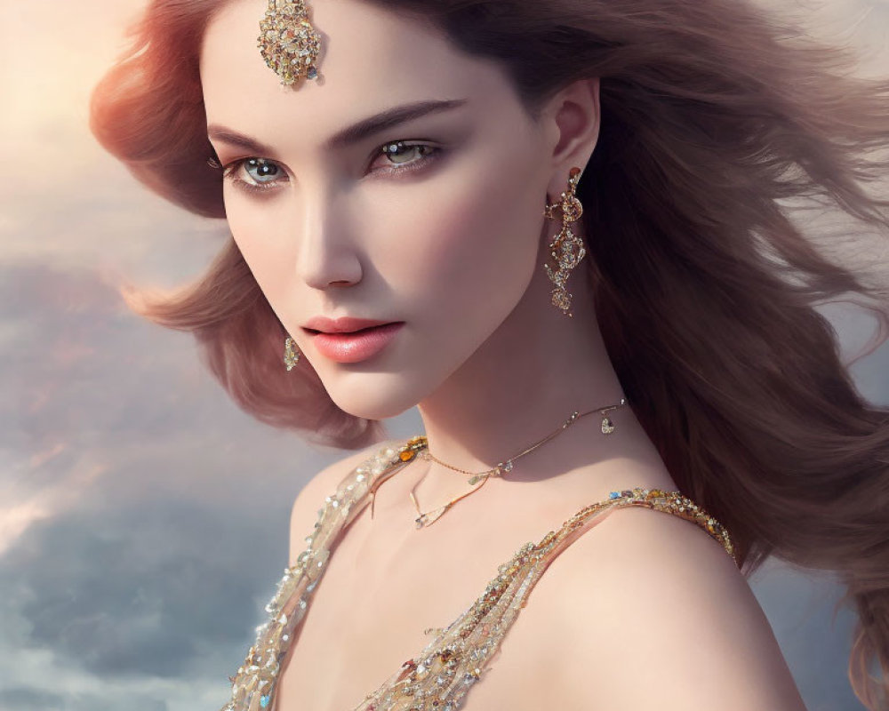 Digital portrait of woman with flowing hair and gold jewelry on cloudy backdrop