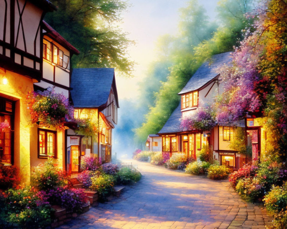 Picturesque street with colorful cottages and warm lights at twilight