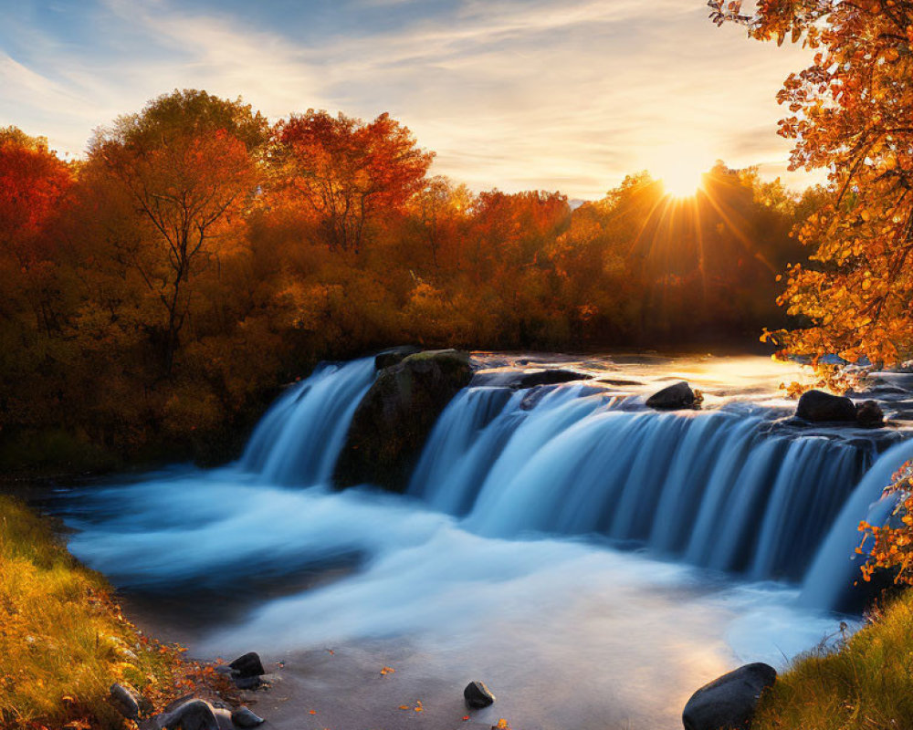 Tranquil waterfall in autumn forest with sunlight peeking through trees