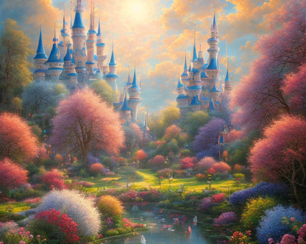 Majestic fairytale castle in vibrant garden with river and swans at sunrise or sunset