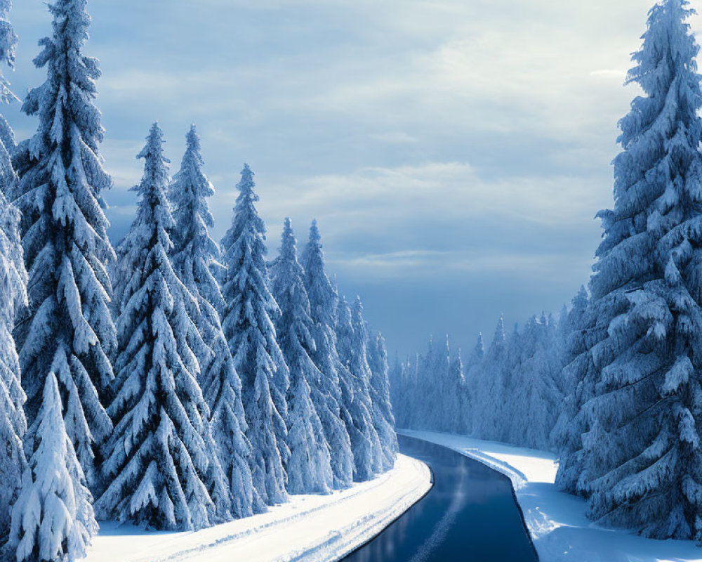 Snow-covered pine trees in serene winter landscape with curving road