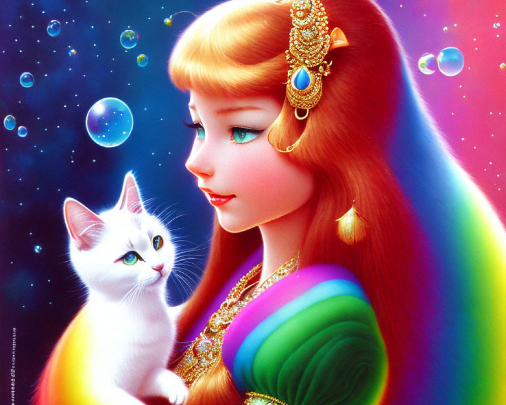 Vibrant illustration of girl with golden hair and white kitten in iridescent bubble-filled scene