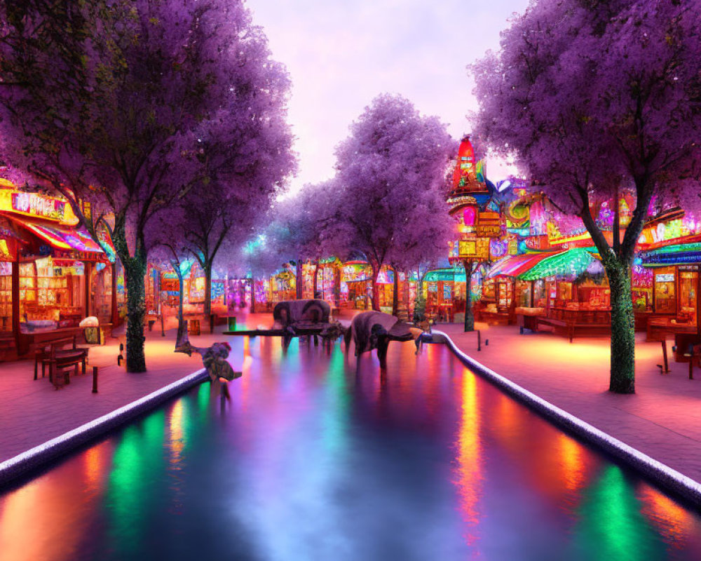 Colorful Dusk Scene: Purple Trees, Water Canal, Traditional Architecture