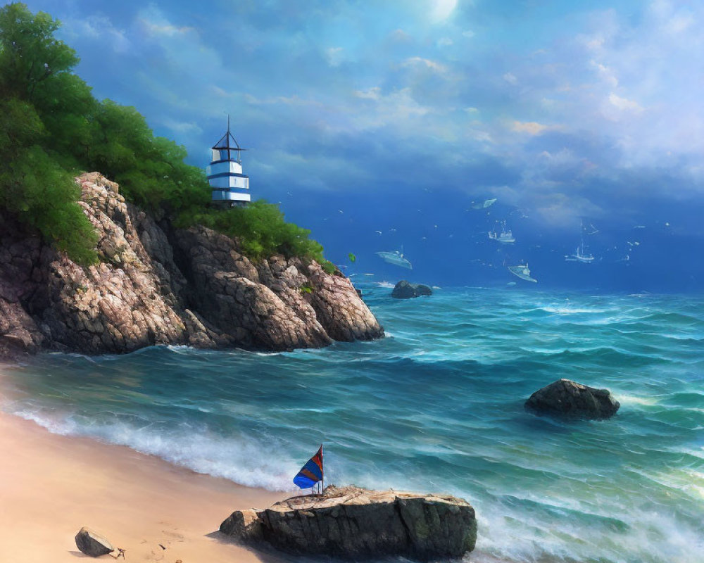 Tranquil coastal landscape with lighthouse, sailboats, and rocky cliffs