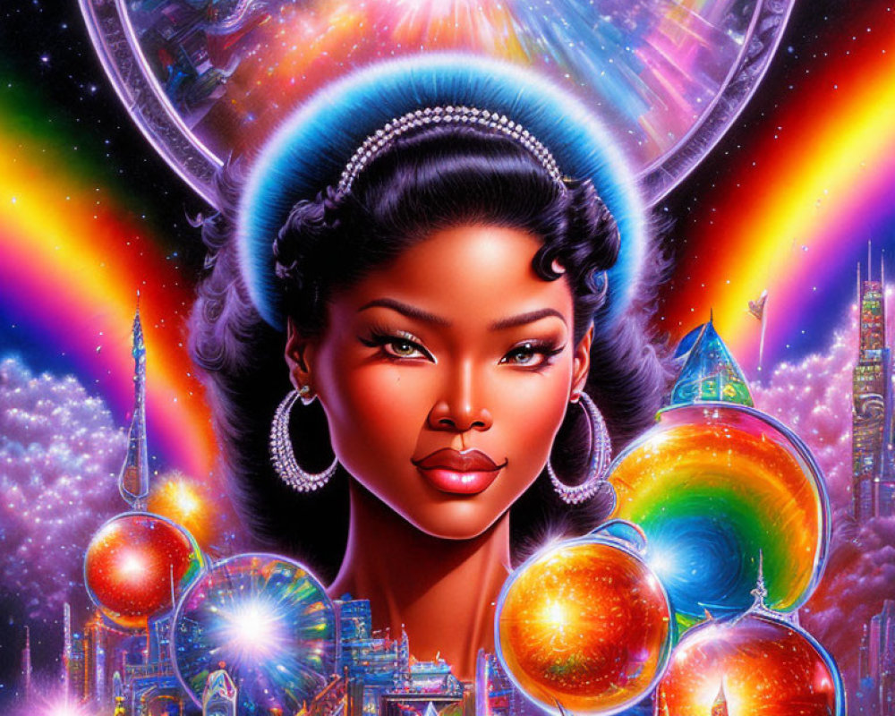 Colorful artwork: woman's face with futuristic cityscape, rainbow, planets, starry space.