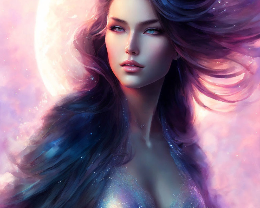 Illustration of woman with flowing hair in blue and purple hues under luminous moon